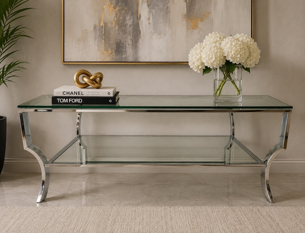 MODERN CHROME & GLASS COFFEE TABLE 47" (1 of 8)