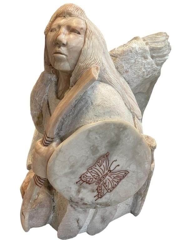 LARGE CARVED ALABASTER NATIVE AMERICAN STATUE 25" (1 of 5)