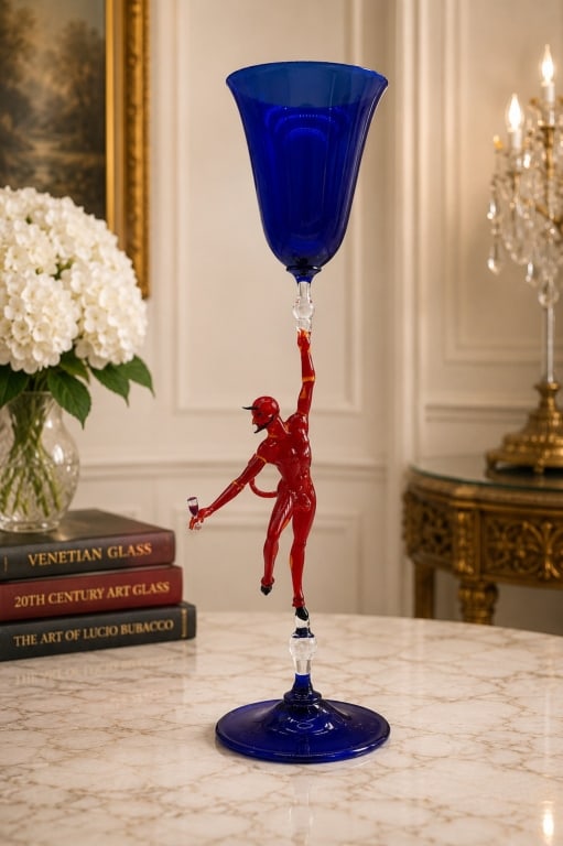 LUCIO BUBACCO FIGURAL MURANO ART GLASS GOBLET 18": This exceptional hand-blown Murano art glass goblet by acclaimed Venetian master Lucio Bubacco features a dramatic sculptural stem modeled as a ruby red devil balancing effortlessly on one foot while 