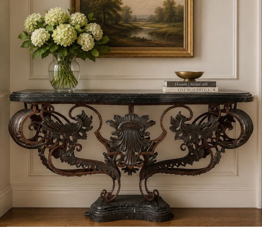 ORNATE IRON AND MARBLE TOP CONSOLE TABLE 68" (1 of 9)