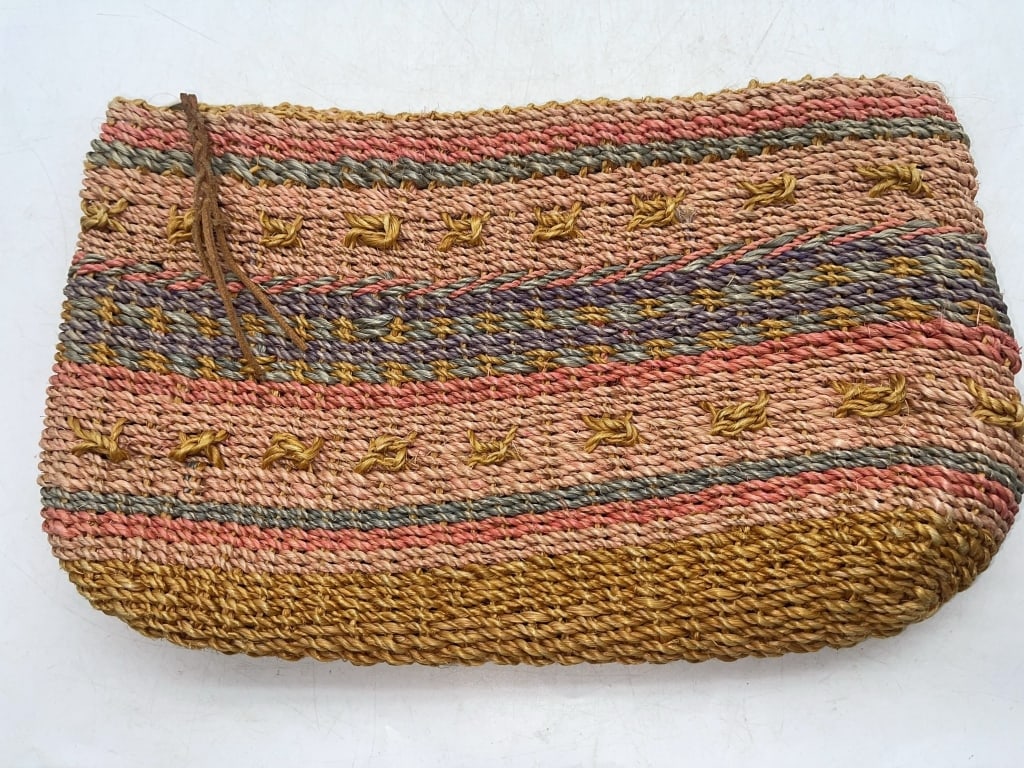 Vintage Sisal Woven Clutch Bag Purse With Leather: Rectangular clutch bag crafted from woven straw in pink, yellow, blue, and natural tones with striped and patterned designs. The bag is unlined and features a zipper closure. No maker?s marks are visi