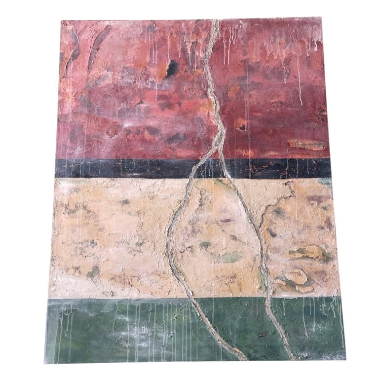 ABSTRACT MIXED MEDIA TEXTURED PAINTING 60": Large contemporary abstract mixed media painting featuring layered earth-tone bands in deep rust red, warm sand, charcoal black, and muted green, accented with heavy raised texture, drip details, and 