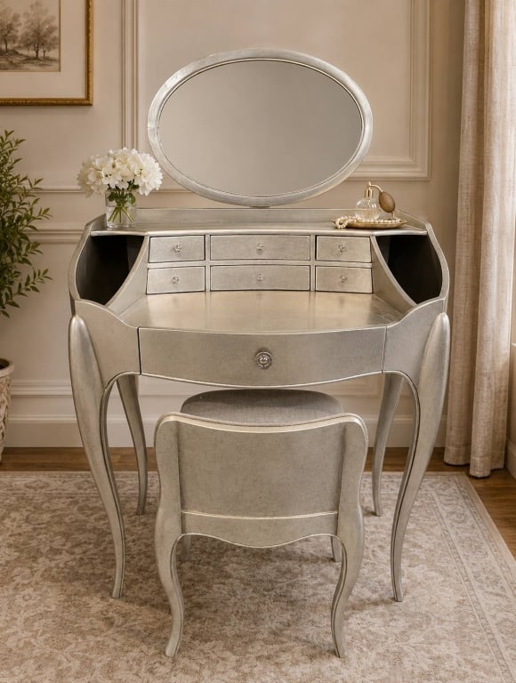 SILVER LEAF VANITY & STOOL WITH MIRROR 51" (1 of 9)
