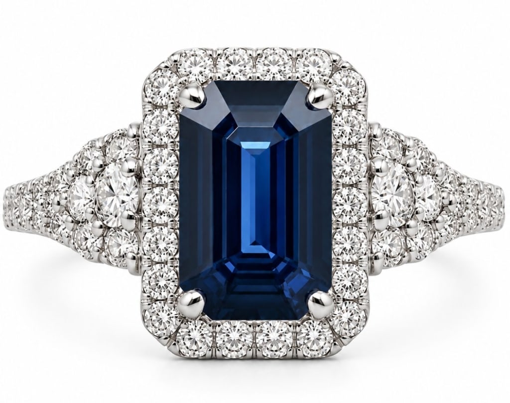 PLATINUM 2.12CT SPINEL & .48CT DIAMOND HALO RING: Oscar Friedman platinum ladies ring featuring a 2.12 carat natural dark purplish blue spinel center stone in an octagonal step-cut setting. The center stone is surrounded by 62 round brilliant-cut dia
