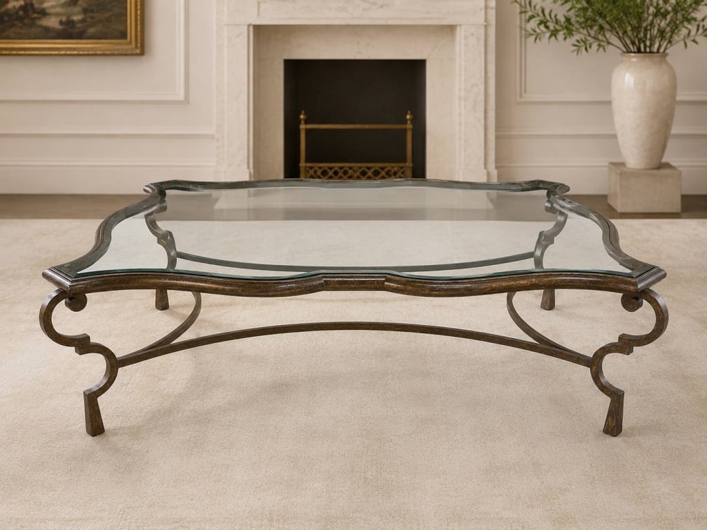 DECORATIVE IRON AND GLASS COFFEE TABLE 59" (1 of 6)