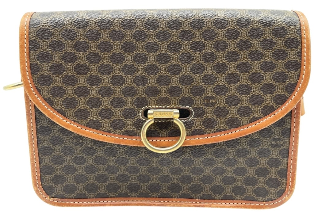 CELINE MACADAM CROSSBODY BAG 10": Celine Macadam crossbody bag featuring the iconic brown coated canvas with allover Macadam monogram pattern and tan leather trim. The structured flap-front design is accented with a gold-tone circular