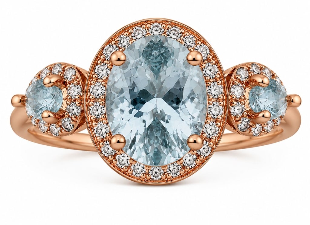 14K ROSE GOLD 2.6CT AQUAMARINE & DIAMOND RING: 14 karat rose gold ring featuring three natural aquamarine beryl gemstones, including an oval center stone and two pear-shaped side stones with a combined weight of approximately 2.60 carats. The gems