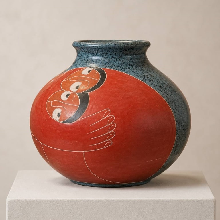 NICARAGUAN POTTERY VASE WITH MODERN DESIGN 6": This Nicaraguan pottery vase stands approximately 6" inches tall and features a striking design in red and blue with stylized faces and hands. The bottom is signed "Nicaragua." A unique addition to mo