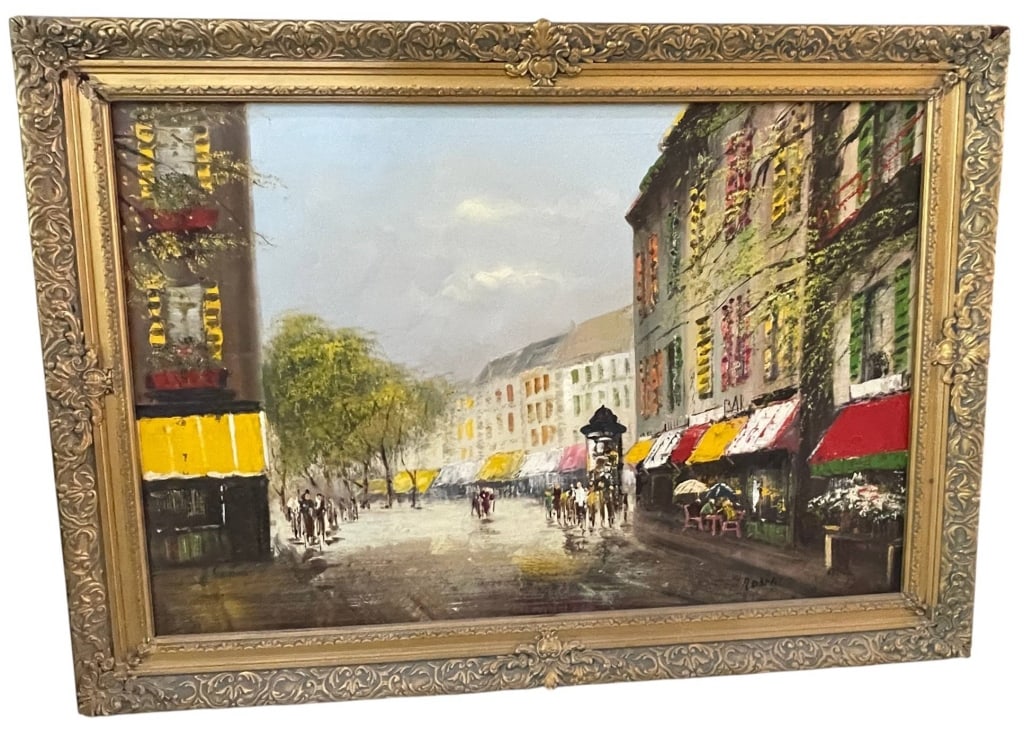 SIGNED IMPRESSIONIST STREET SCENE OIL 41": Original signed oil painting depicting a lively European-style streetscape lined with colorful storefront awnings, flower boxes, and pedestrians strolling along a rain-swept boulevard. Executed in an 