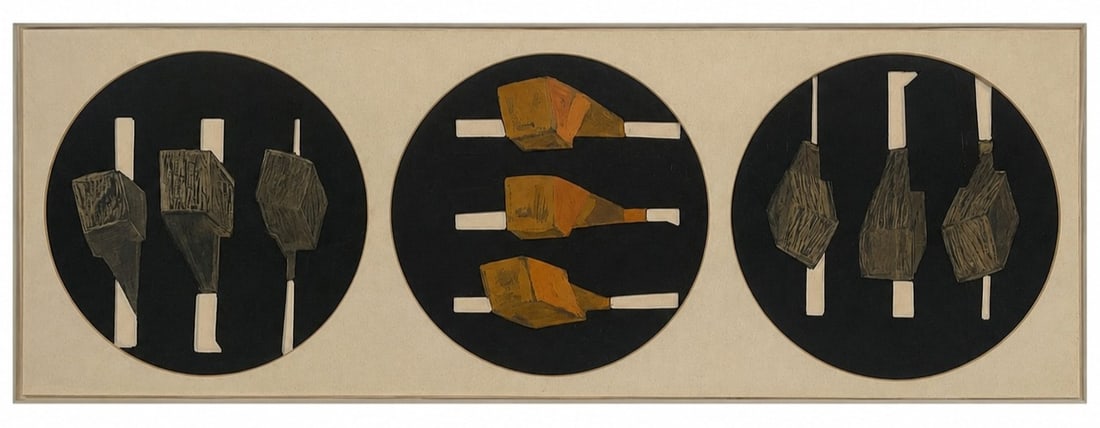 HELENE FESENMAIER "BACK & FORTH" MIXED MEDIA 39": Helene Marie Fesenmaier (American, 1937 - 2013) mixed media titled 'Back and Forth." This striking modernist composition features three circular tondo forms arranged horizontally within a rectangular 