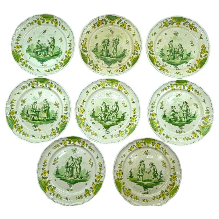 FRENCH FAIENCE PASTORAL PLATES SET OF 8 10" (1 of 7)