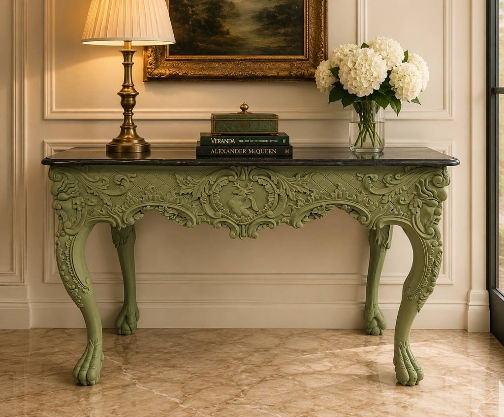 CARVED GREEN CONSOLE TABLE WITH STONE TOP 46" (1 of 8)