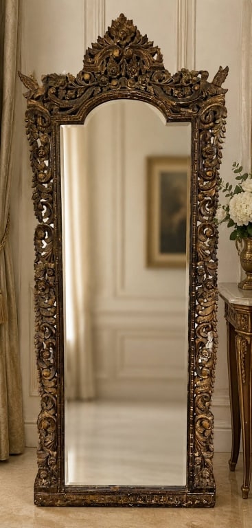 HAND-CARVED GILT WOOD FLORAL WALL MIRROR 86" (1 of 8)