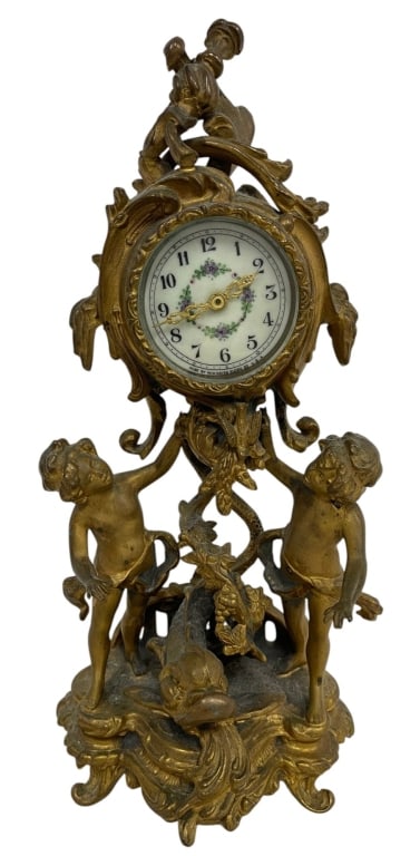 FRENCH GILT METAL CHERUB FIGURAL CLOCK 13.75" (1 of 9)