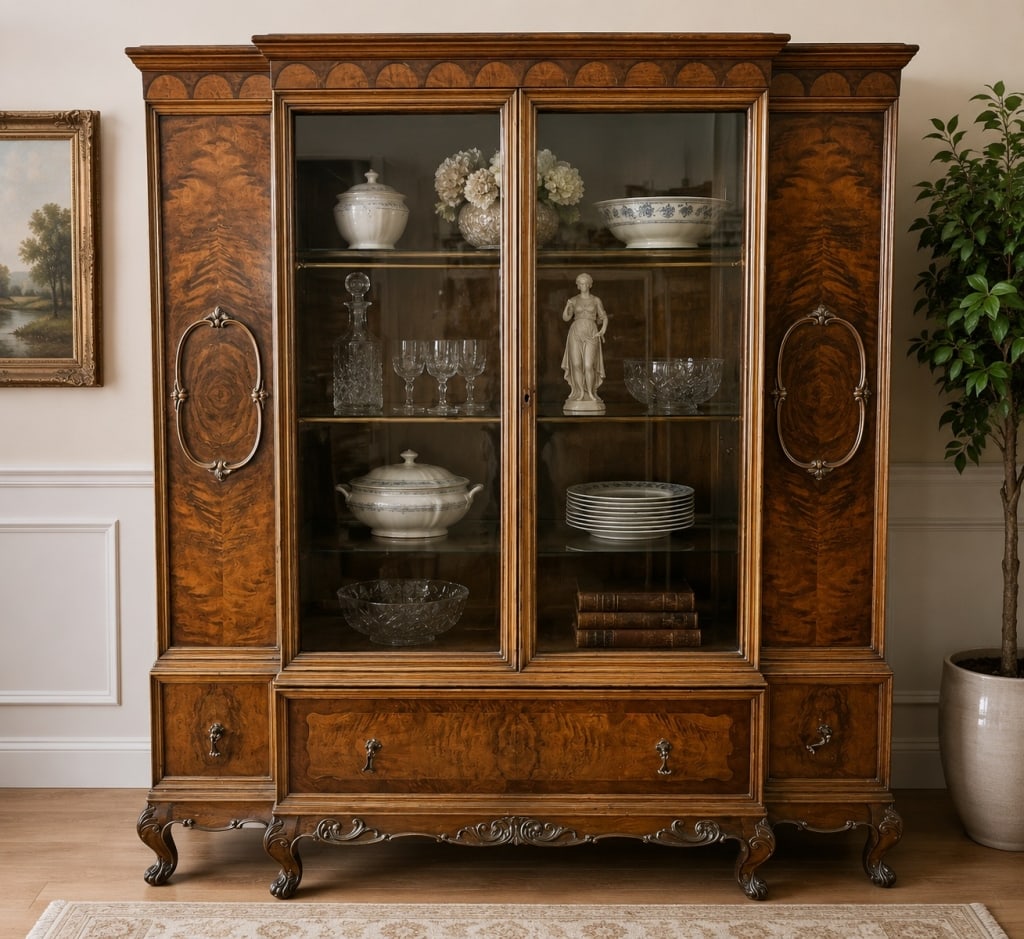 BURLED WALNUT DISPLAY CHINA CABINET 65": This impressive traditional display cabinet features richly figured burled walnut veneers accented by elegant molded trim, decorative oval appliques, and carved cabriole feet. The center section is fi