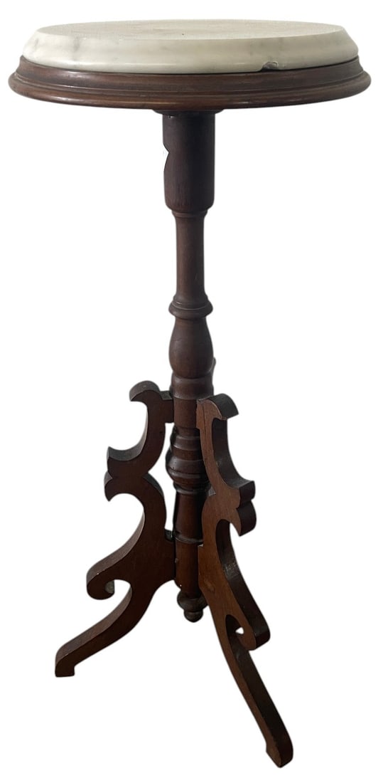 MARBLE TOP WALNUT PEDESTAL ACCENT TABLE 32" (1 of 5)