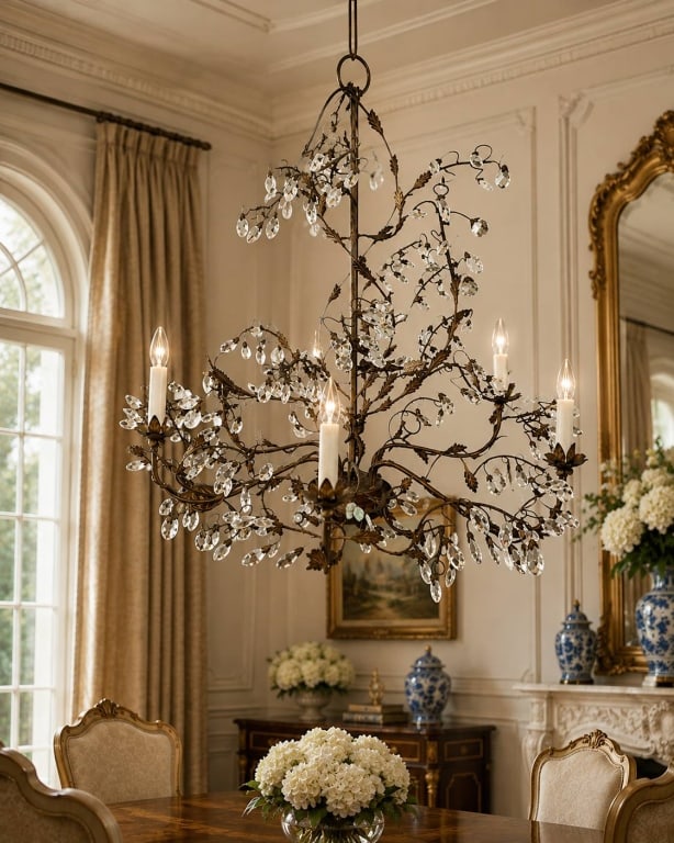 VINTAGE METAL & CRYSTAL CHANDELIER 36": This elegant vintage chandelier features an organic vine-inspired metal frame adorned with numerous faceted crystal prisms that beautifully capture and reflect light. Designed with five candle-style l