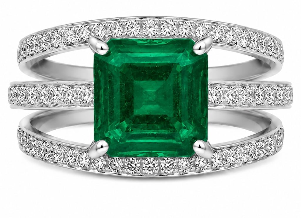 PLATINUM 2.4CT EMERALD & DIAMOND SPLIT SHANK RING (1 of 4)