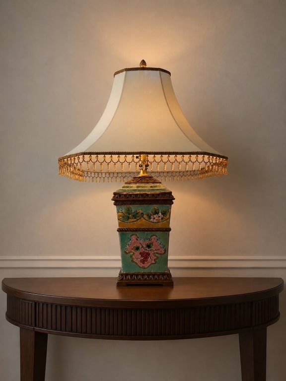 VINTAGE CERAMIC FLORAL TABLE LAMP WITH FRINGE 29" (1 of 4)