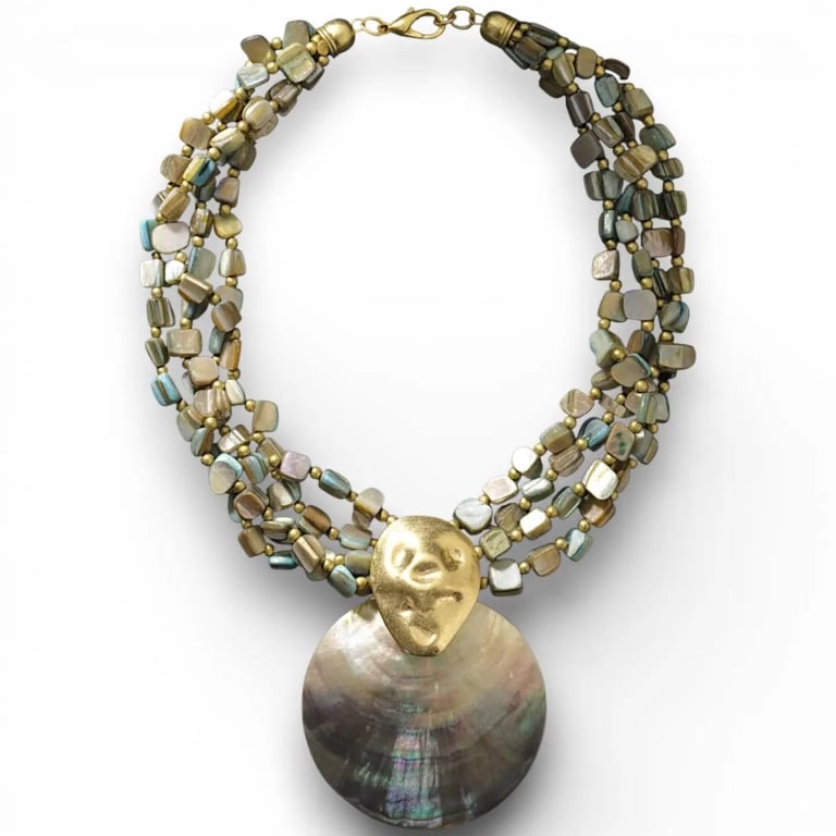 NEW MAOTHER OF PEARL STATEMENT NECKLACE: Mother of Pearl Shell Necklace | Handmade Statement Jewelry | ?Name: Pacifica Necklace (Ocean) | ?18" + 3" Extender | ?Weight: 2 Ounces | ?Lightweight Glass Beads | ?Vegan Leather Suede in Tan | ?Chun