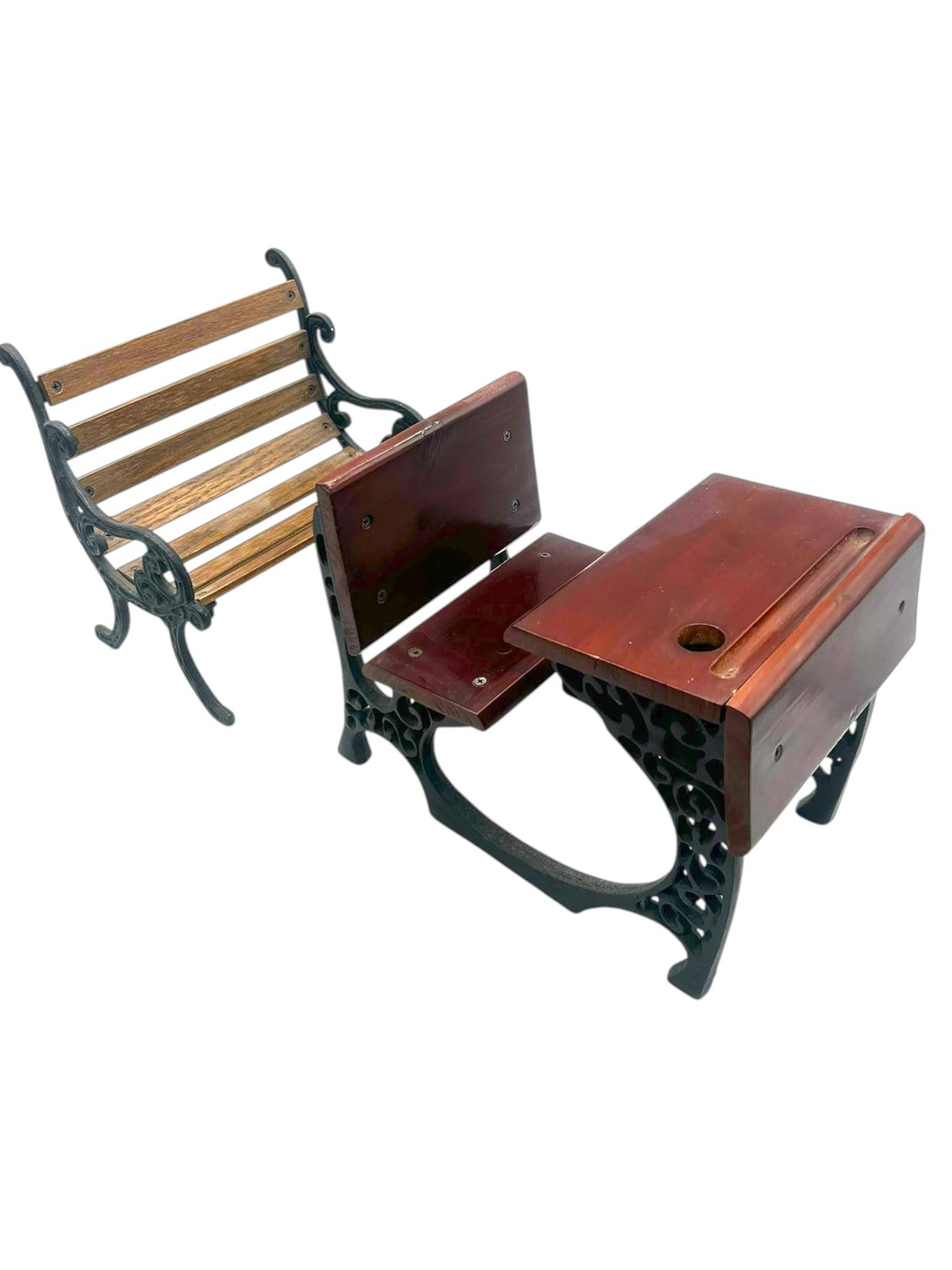 DOLL SIZE ANTIQUE STYLE DESK AND BENCH SET 9": Antique-style cast iron and wood slat doll school desk with attached seat, matching separate bench. Desk includes storage slot, and pencil holder detail. Charming miniature classroom furniture set wit