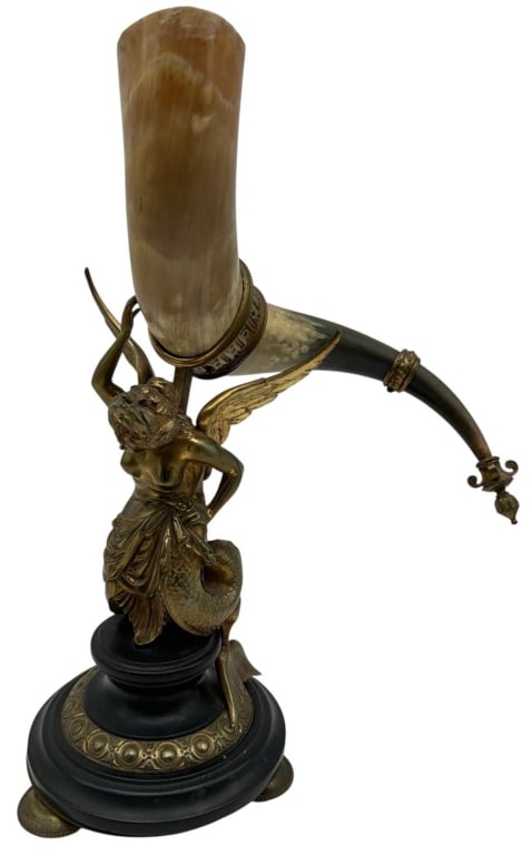 ANTIQUE BRONZE FIGURAL HORN VASE 15" (1 of 9)