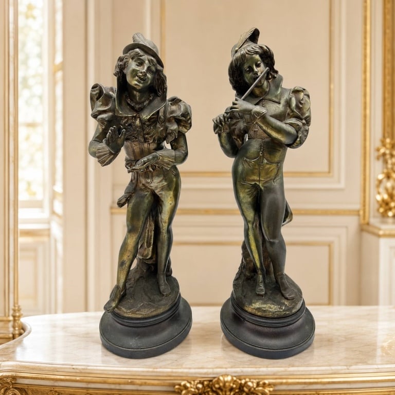 PAIR LARGE BRONZED MUSICAL FIGURES 19": Pair of bronzed metal sculptures depicting Renaissance-style musicians in elaborate period costumes. One figure gestures expressively as a vocalist, while the companion plays a transverse flute. Each 