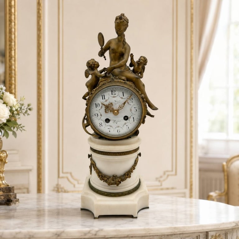 FRENCH FIGURAL BRONZE AND MARBLE CLOCK 16": Ornate French-style mantel clock featuring a bronze figural group of a seated classical maiden holding a hand mirror accompanied by two playful winged cherubs. The porcelain dial displays black Arabic