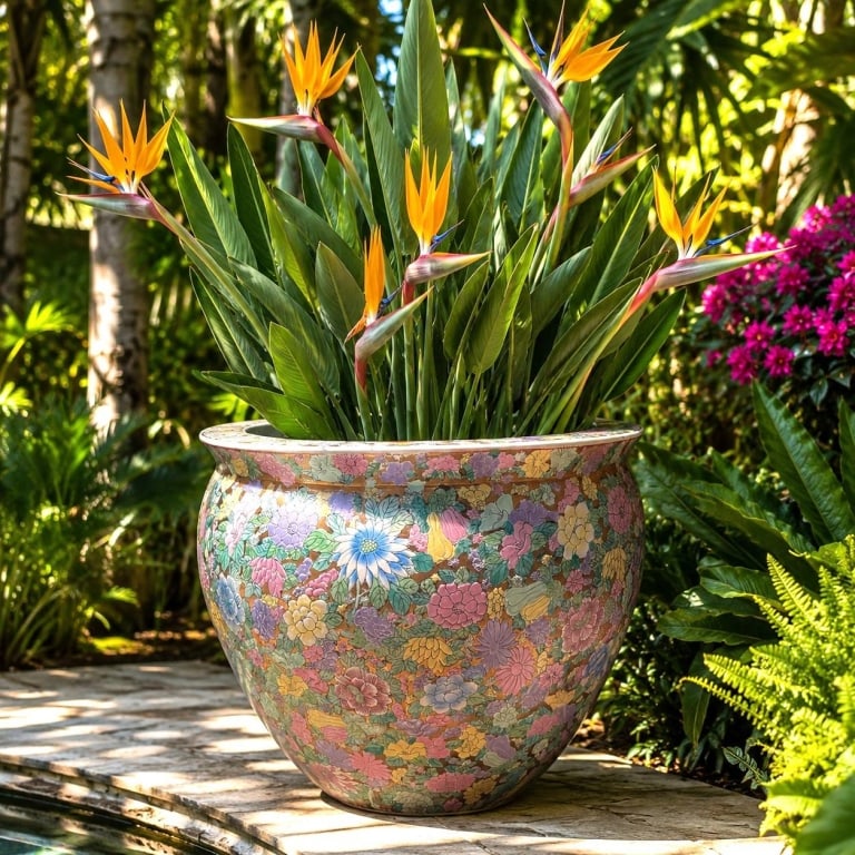 ASIAN FLORAL JARDINIERE PLANTER 18": This large Asian jardiniere features an exuberant all-over floral decoration rendered in vibrant pastel enamels with gilt accents against a warm golden ground. The generously proportioned vessel is ad