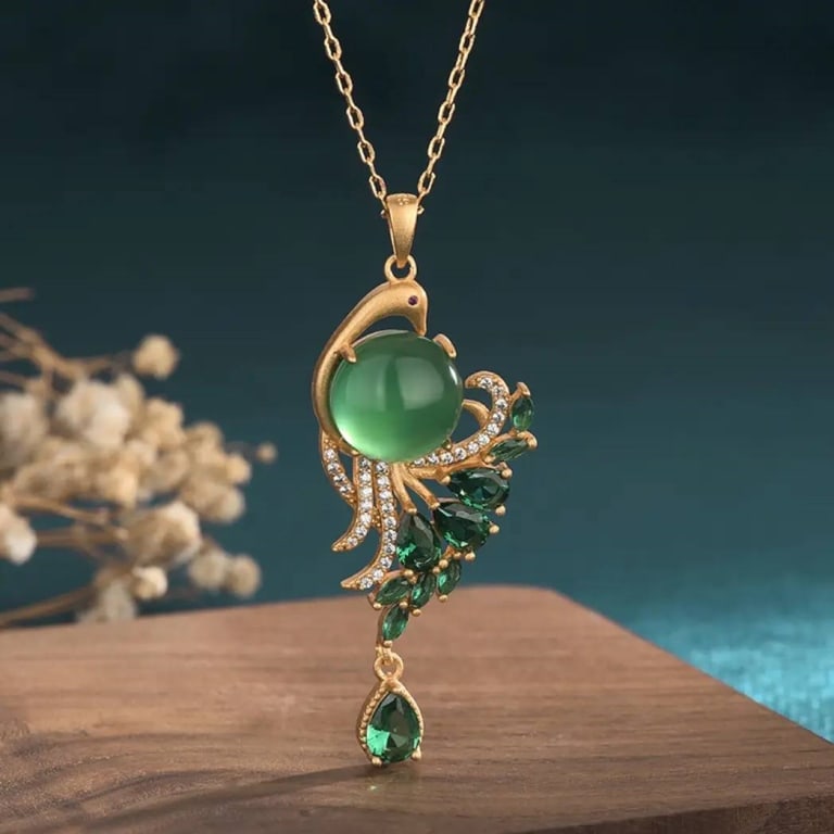 Jade Crystal Elegant Peacock 24K GP Necklace: This necklace features a peacock design crafted in gold-tone metal with a prominent jade crystal centerpiece and green gemstone accents. The intricate pendant hangs from a delicate 24K GP chain, givin