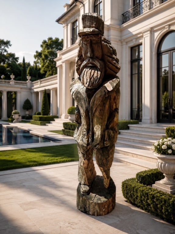 HAND CARVED FOLK ART WOOD BEARDED SCULPTURE 6': This hand-carved wooden folk art sculpture depicts a standing bearded male figure rendered in a highly stylized primitive form. Crafted from a single section of wood, the figure features deeply carved