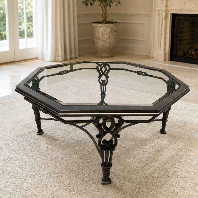 OCTAGONAL WROUGHT IRON GLASS COFFEE TABLE 40": Elegant octagonal coffee table featuring a beveled glass top set within a dark bronze-finished wrought-iron frame. The architectural base is embellished with scrolling openwork supports, curved stretc