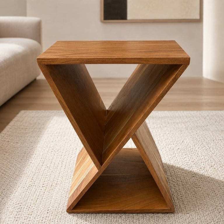 GEOMETRIC WOOD X-FORM SIDE TABLE 23": Modern wood side table distinguished by intersecting angular panels that form a sculptural X-shaped profile with triangular openings. The warm finish highlights the varied natural grain, while the rec