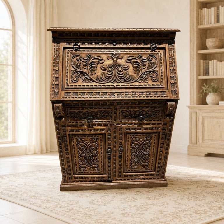 SPANISH COLONIAL CARVED SECRETARY CABINET 46" (1 of 10)