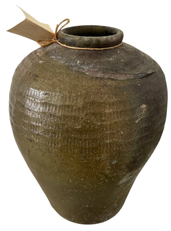CHINESE SHAOXING GLAZED WINE JUG 19": Chinese Shaoxing earthenware wine jug with a rounded body, narrow mouth, and rustic olive-brown glaze. Traditionally used to transport wine in the Zhejiang province of China, the vessel displays hand-