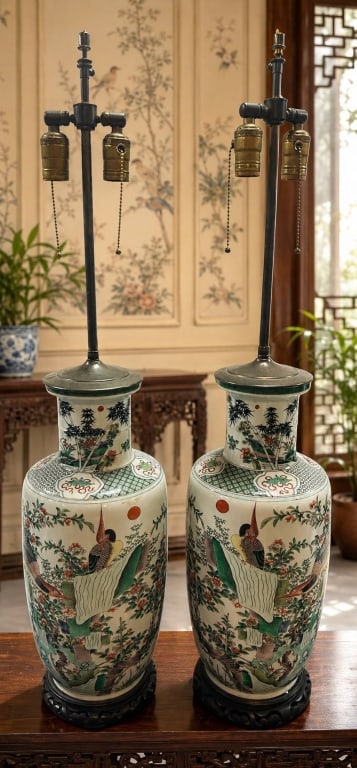 PAIR OF CHINESE PORCELAIN TABLE LAMPS 34" (1 of 9)