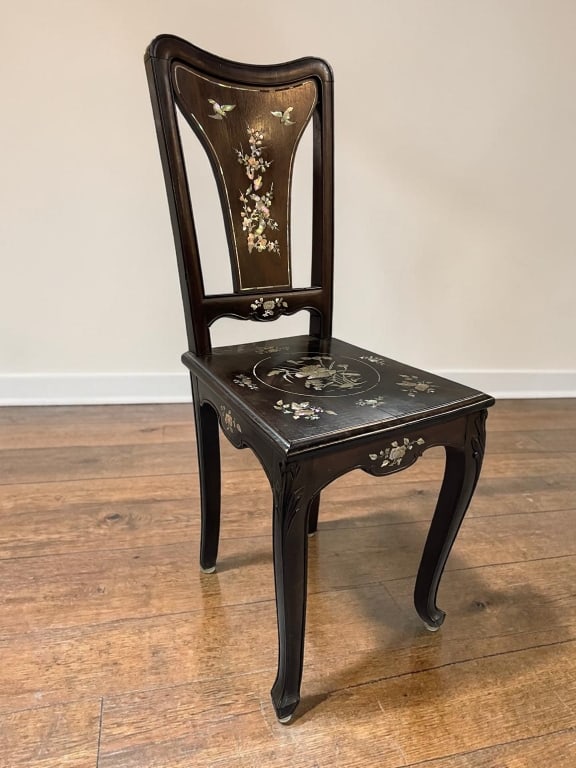 ASIAN STYLE FLORAL INLAID WOOD SIDE CHAIR 36": Elegant Asian-style side chair crafted in a rich dark wood finish, featuring delicate floral and bird motif inlay to the shaped backrest, seat, and apron. The chair is raised on graceful cabriole legs