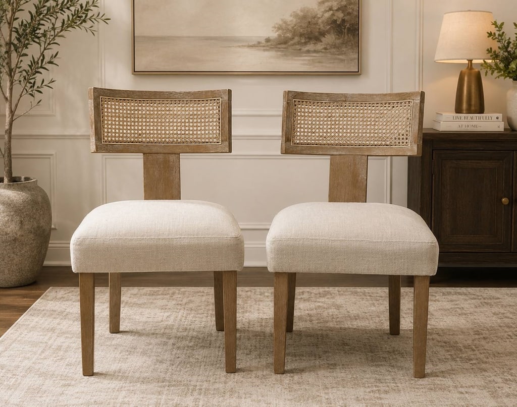 PAIR OF CANE BACK SIDE CHAIRS 32": These stylish side chairs feature natural wood frames with rectangular hand-caned backrests and generously upholstered off-white seat cushions. Their clean, transitional lines make them suitable for