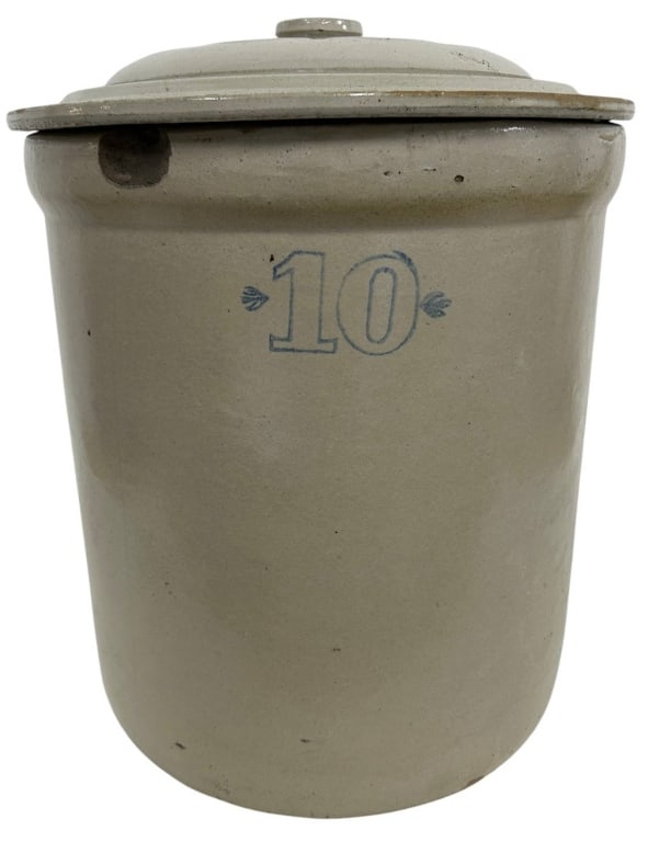 10 GALLON STONEWARE CROCK WITH LID 18": This substantial antique stoneware storage crock includes its original fitted lid and features a large blue "10" capacity mark on the front. Finished in a classic salt-glazed natural stoneware body, t