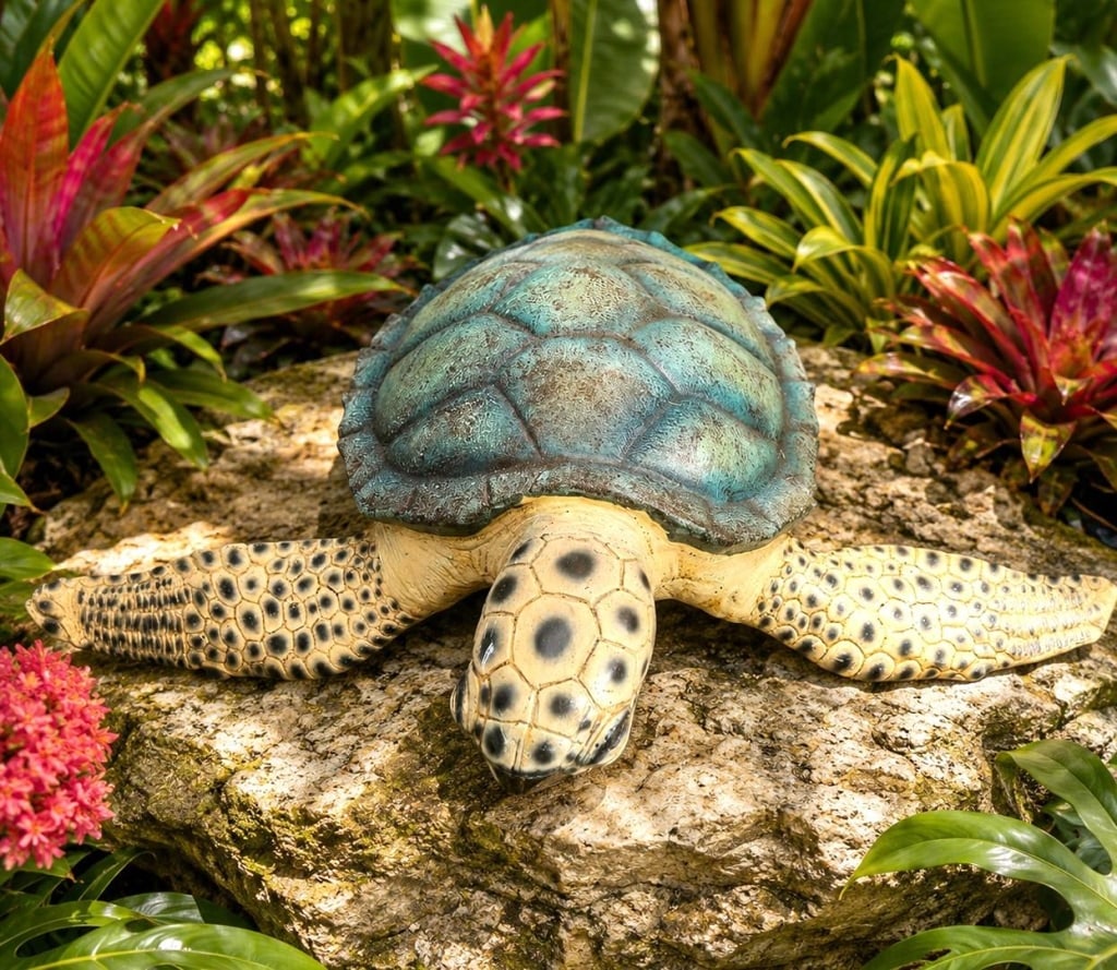 LARGE DECORATIVE SEA TURTLE SCULPTURE 30": Large decorative sea turtle sculpture featuring a realistically modeled form with outstretched flippers, a hand-painted shell in weathered verdigris tones, and finely detailed spotted markings. Crafte