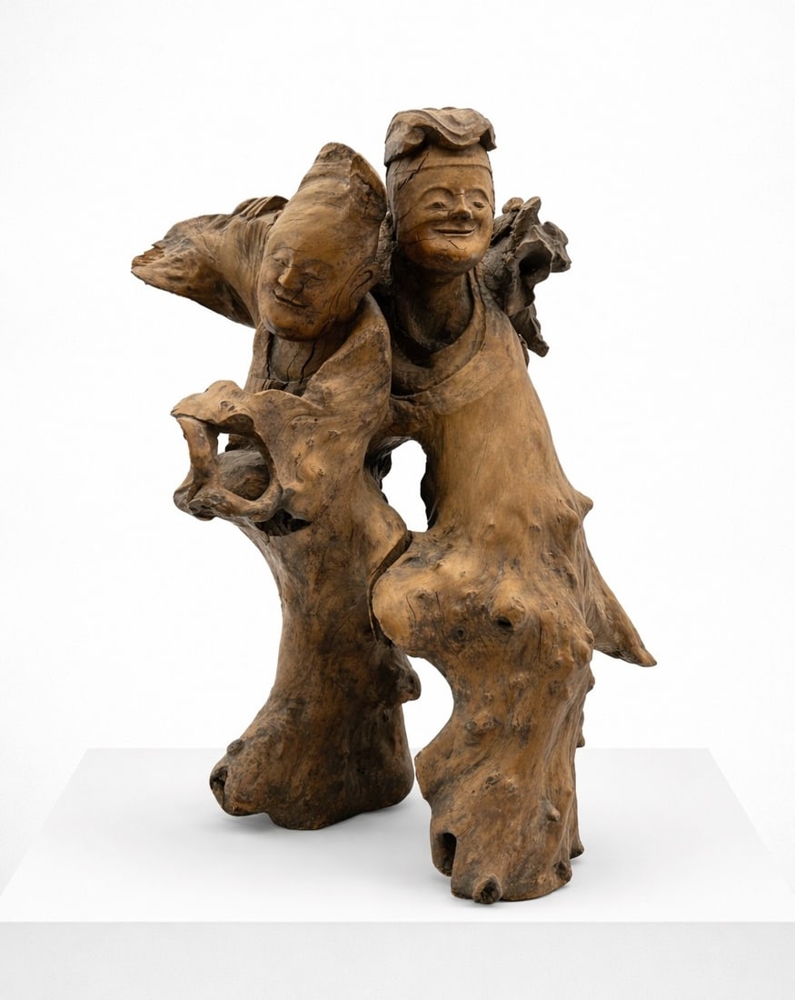 HAND-CARVED DRIFTWOOD DOUBLE FIGURE SCULPTURE 17" (1 of 12)