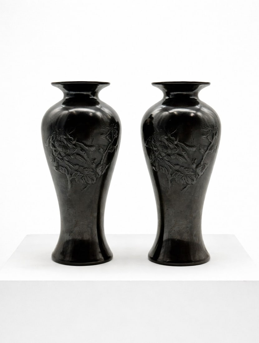 PAIR OF JAPANESE BROWN METAL RELIEF FLORAL VASE 7" (1 of 8)