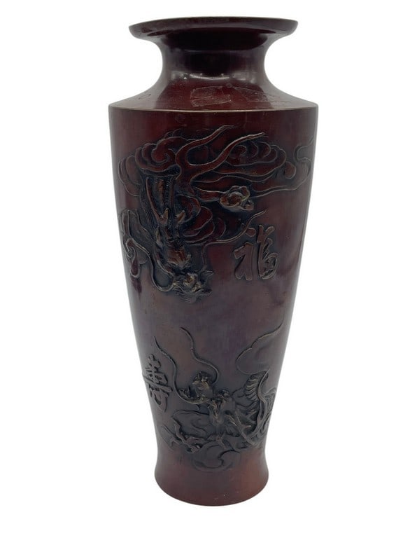 CHINESE COPPER BRONZE VASE APPLIED RELIEF DECOR12": This is a Chinese copper/bronze vase with applied relief decoration, commonly called a ?red patinated brass/bronze vase? (sometimes marketed as cinnabar-tone patina metalware).Material: Copper or bras
