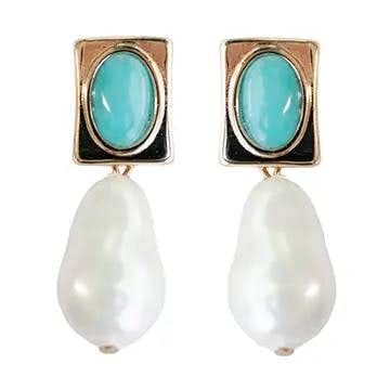 VINTAGE TURQUOISE AND PEARL DROP EARRINGS: Add a touch of coastal glam with our vintage-inspired turquoise and natural pearl drop | earrings. These 2 inch earrings feature a rich green malachite stone paired with a lustrous | natural-shaped pe