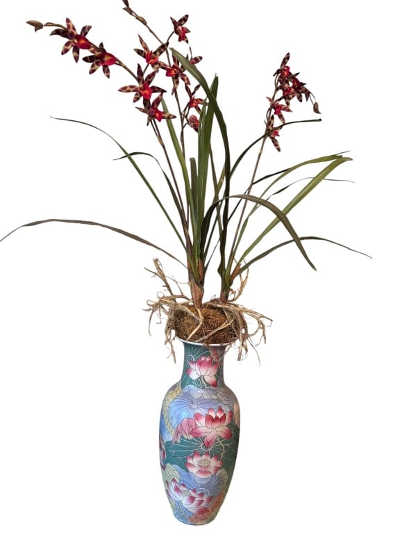 HANDPAINTED FLORAL CLOISONNE VASE W/ ORCHID 37": Beautiful hand-painted cloisonne vase with intricate lotus floral design in vibrant colors. The vase contains a realistic artificial orchid arrangement, measuring approximately 37 inches in total heig