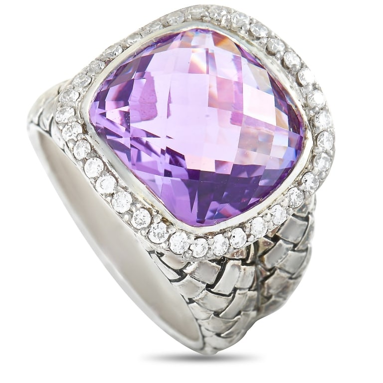 SCOTT KAY STERLING SILVER DIAMOND & AMETHYST RING: This Scott Kay ring is crafted from sterling silver and weighs 12.1 grams, boasting band thickness of 5 mm and top height of 7 mm, while top dimensions measure 17 by 17 mm. The ring is set with an ame