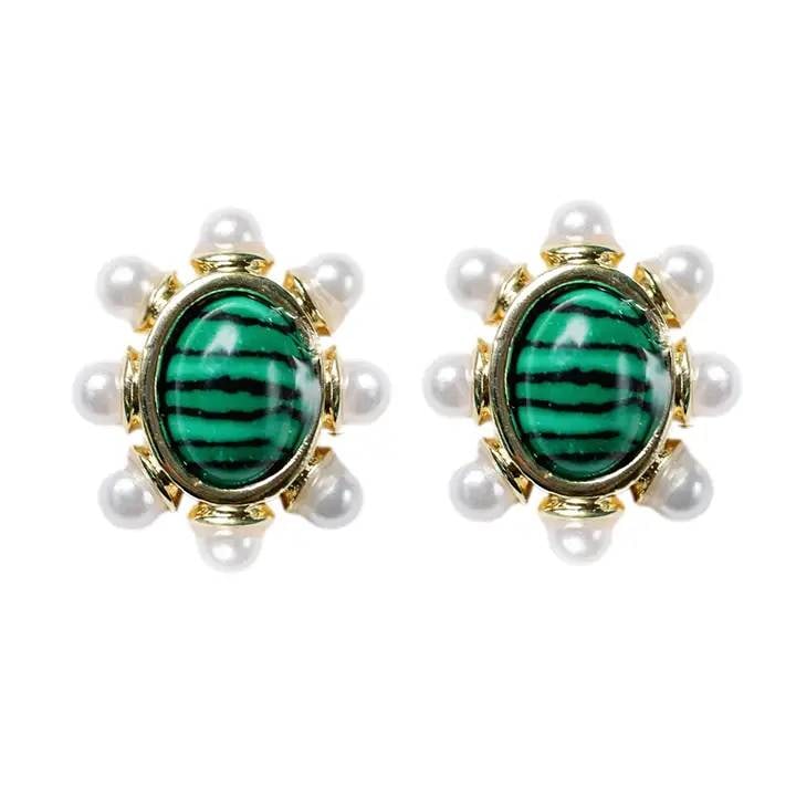 MALACHITE AND PEARL EARRINGS: Vintage gold tones are among this year's biggest trends, and we are delighted to introduce our newest stud earrings featuring a stunning green malachite stone at the center, outlined by delicate pearl