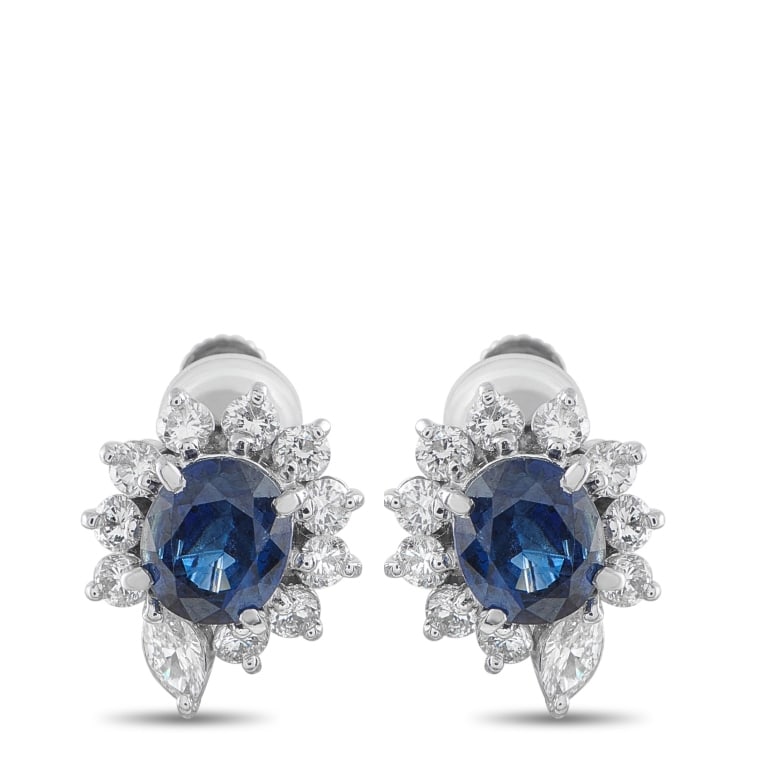 PLATINUM 0.89CT DIAMOND AND SAPPHIRE EARRINGS: These luxury earrings will never go out of style. Set in Platinum, Sapphires totaling 2.37 carats and Diamonds totaling 0.89 carats make them come alive every time they catch the light. Each earring m