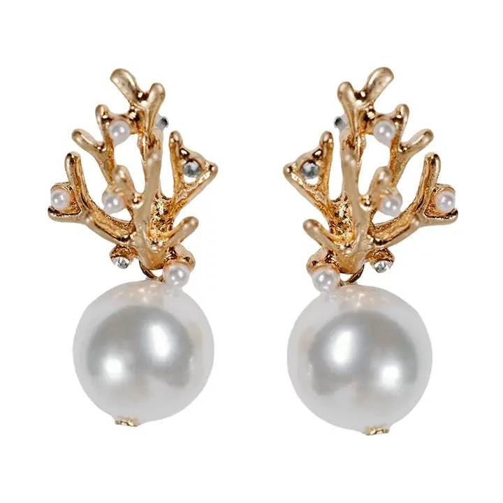 PEARL AND GOLD CORAL STATEMENT EARRINGS: These 1" statement earrings feature a sculptural coral-inspired design in gold-plated metal, accented with delicate mini crystals and a luminous faux pearl drop. Inspired by iconic coral motifs, their