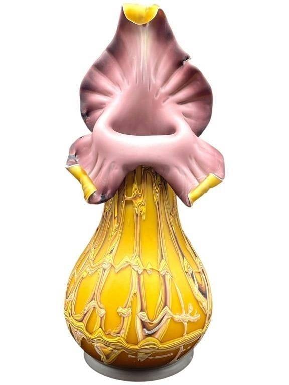 RUSSIAN JACK-IN-THE-PULPIT ART GLASS VASE 17": BAIJAB AZERBAIJAN / RUSSIAN JACK-IN-THE-PULPIT HAND-BLOWN ART GLASS VASE 17" | | | -Dramatic hand-blown art glass vase attributed to Baijab, featuring the iconic Jack-in-the-Pulpit form with a flared 